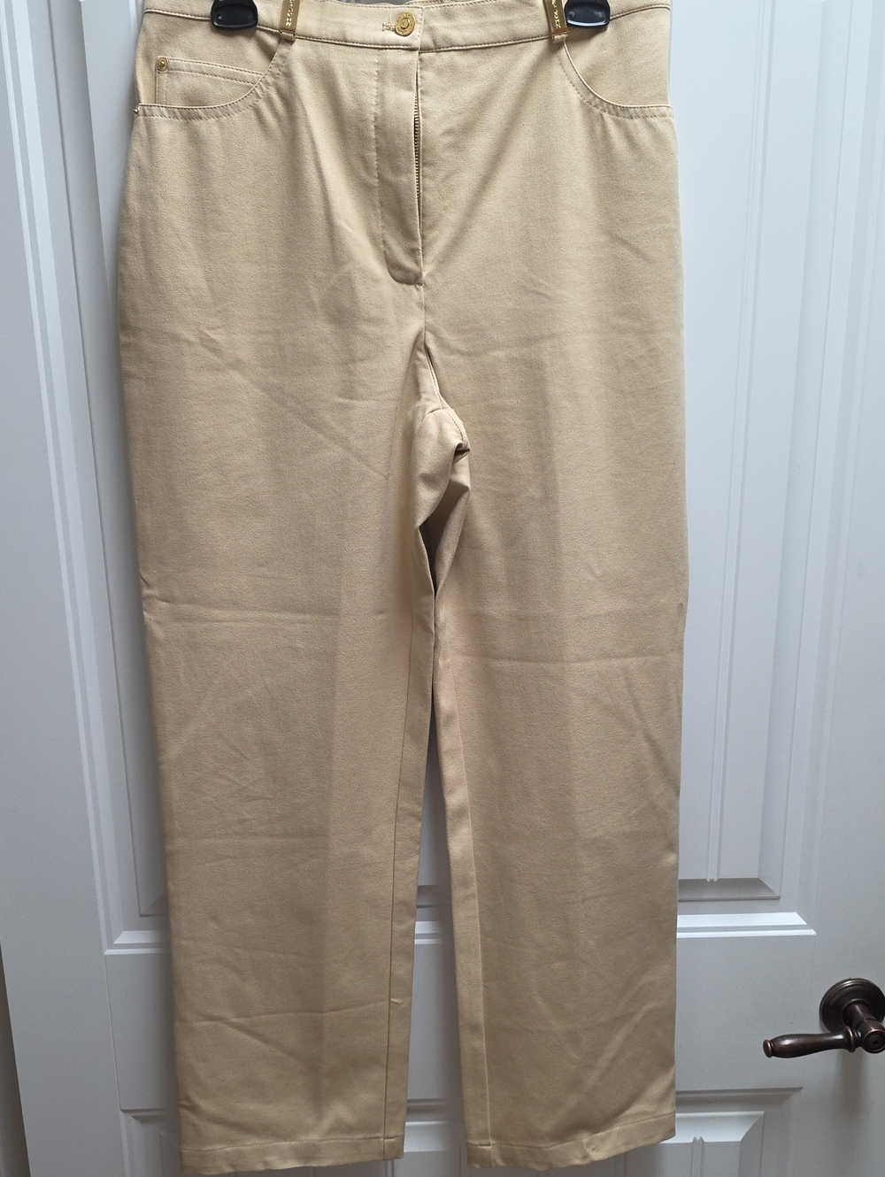 St John Tan High-Waist Pants with Gold Accent Size 10